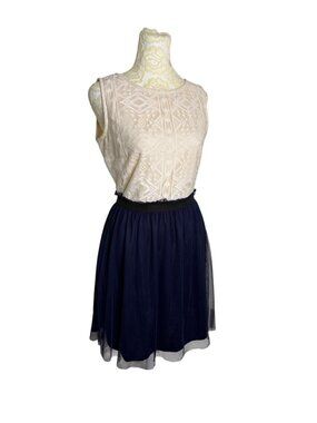Speechless Mini Dress Fit & Flare Lace Mesh Color Block Cream Navy Blue 9